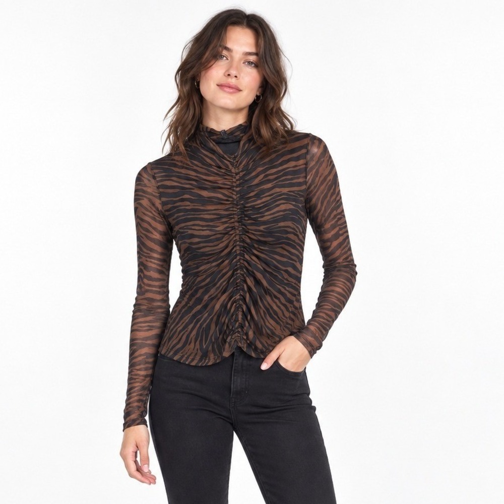 Zebra Mesh Ruched Top Small Brown Black Mock Neck Long Sleeve Y2K Mob Wife NWT
